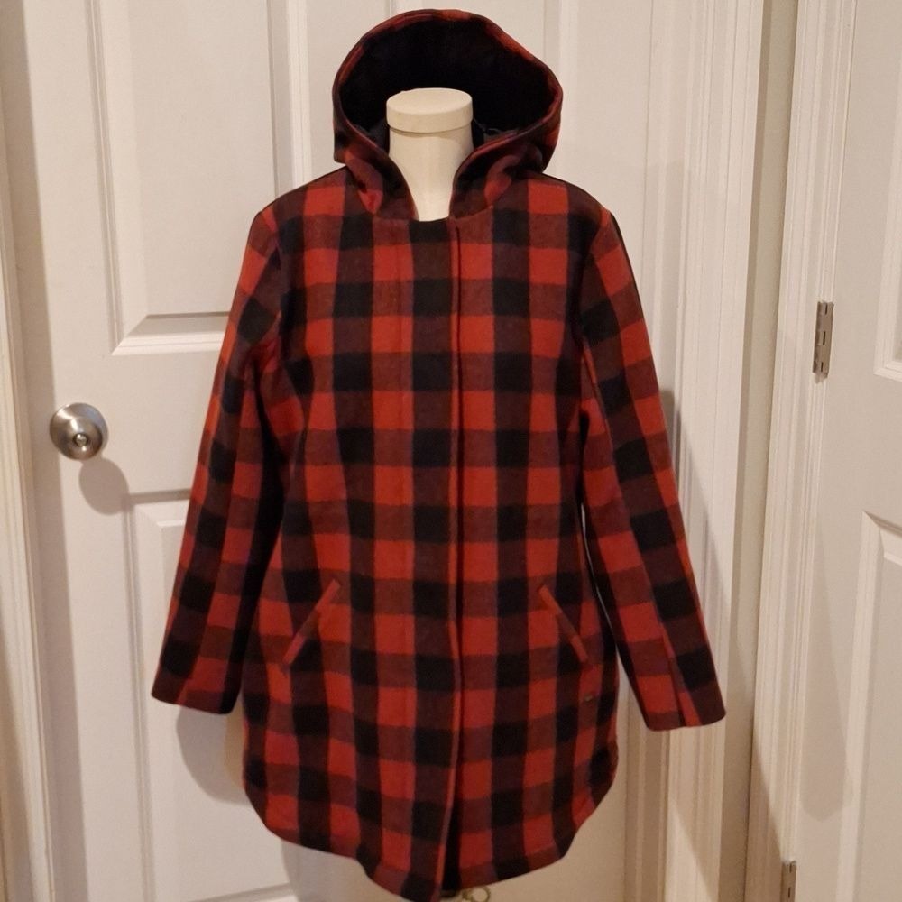 Levi's Wool Blend Zipper Snap‎ 3/4 Length Hood Jacket Womens Large Quilted Red